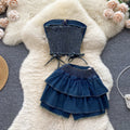 Pure desire sexy hot girl denim suit women's french strap sleeveless tube top vest high waist a-line cake skirt