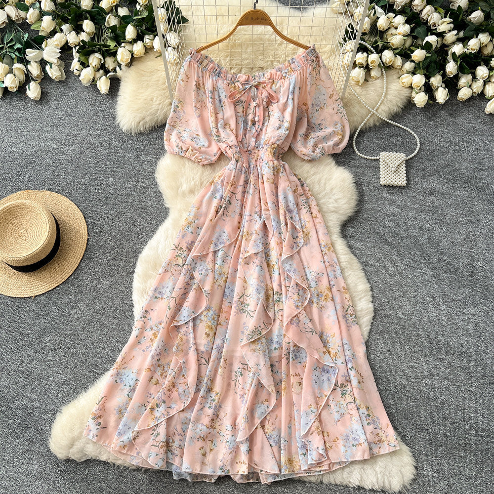 K-style floral dress for women, summer v neck, short-sleeved waist, a-line long skirt, holiday style elegant skirt