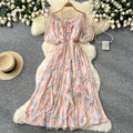 K-style floral dress for women, summer v neck, short-sleeved waist, a-line long skirt, holiday style elegant skirt