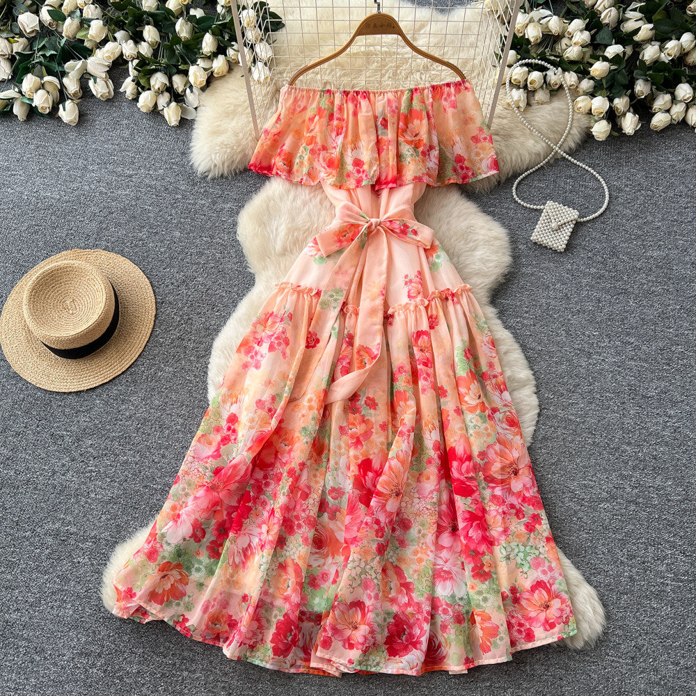 Frenchromantic style one shoulder rufflesprintingdress women's summerk-style floral waist slimming look a-line skirt