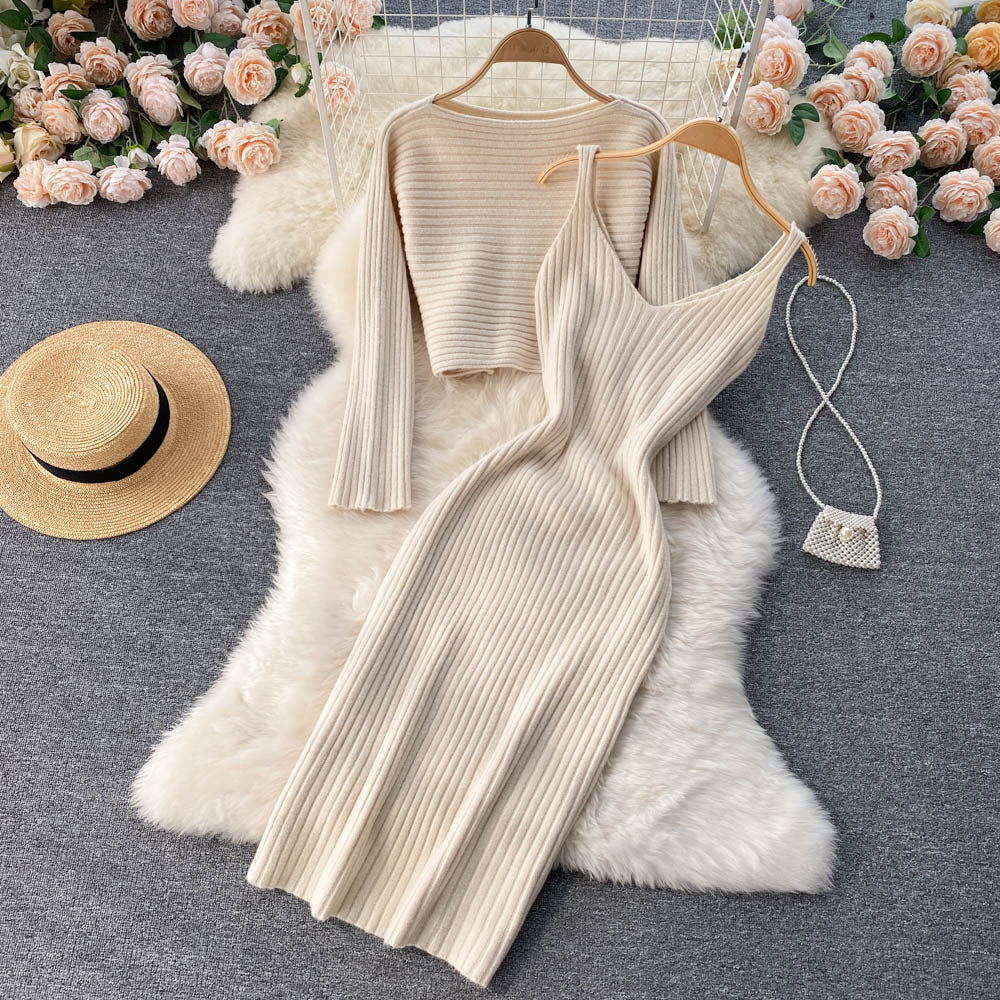 Hong kong style retrochicshortknitting shirt tops suspender v neckelegant hip-hugging dress layered two-piece set