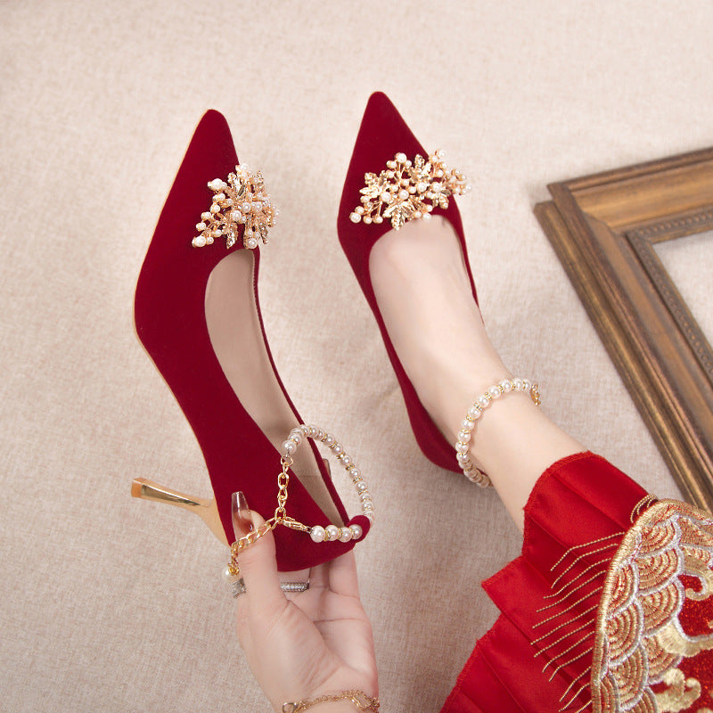 Wedding shoes for women with thick heels 2023fall and winternew arrival bride red non-tiring feet wedding dress high heels shoes xiuhe clothes two wears