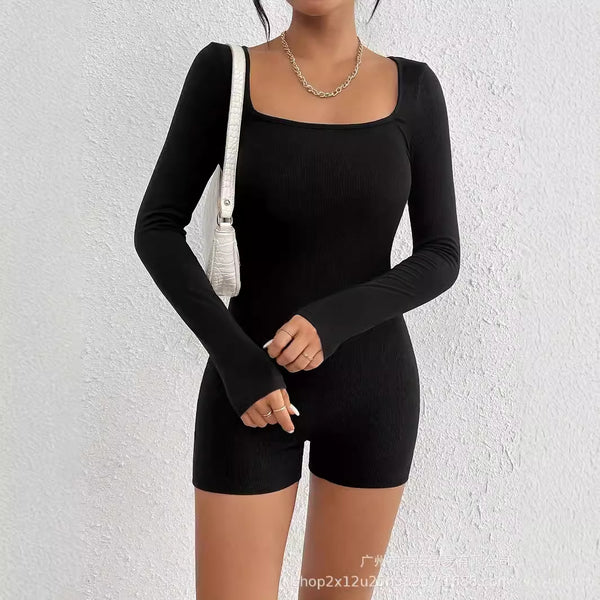 wishes to sell  slim-fit onesie shorts new solid-color round neck long-sleeved sportswear