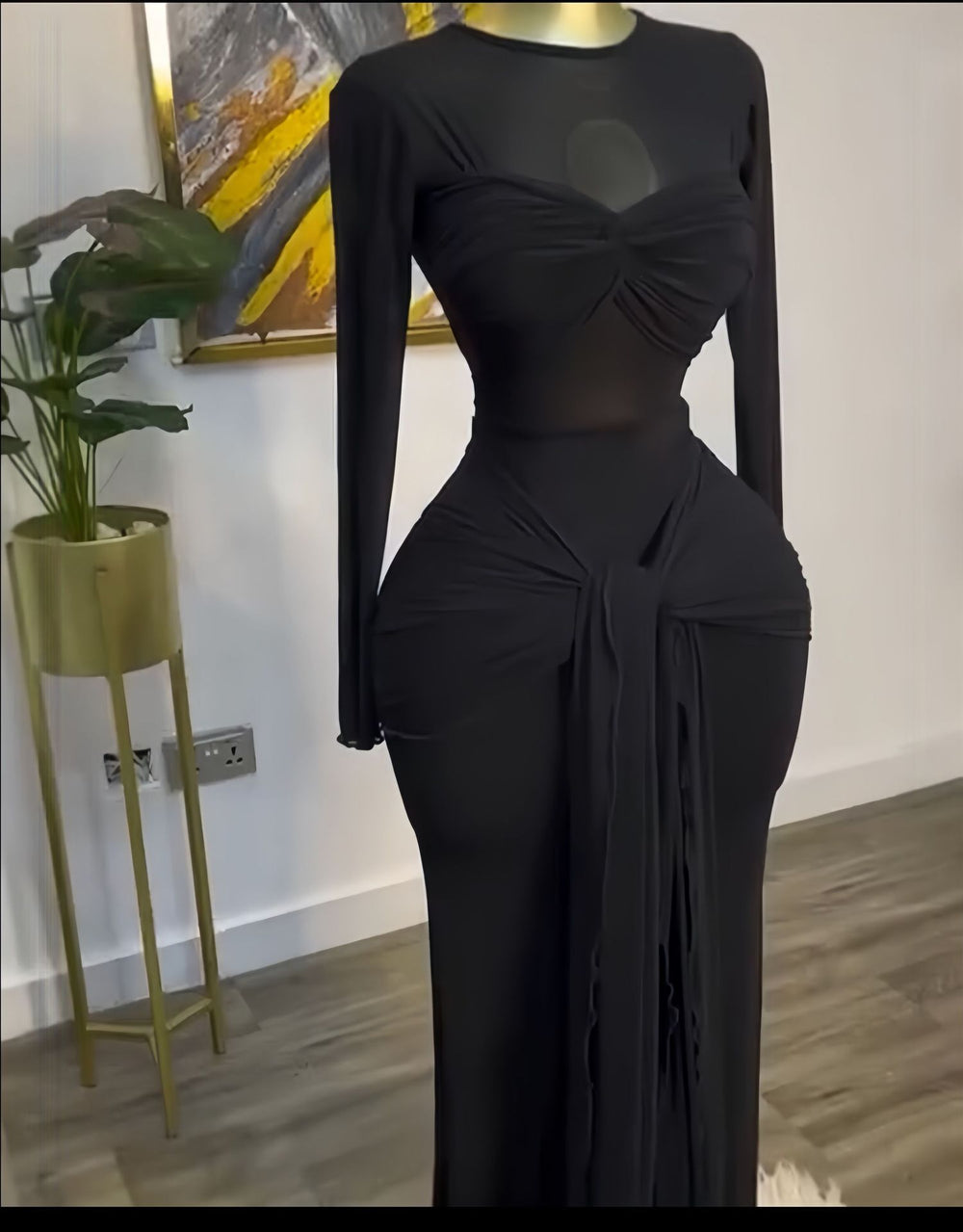 European and american cross-border women's fashion:  early spring new arrival - solid color long sleeve crew neck bandeau bodycon elegant maxi dress