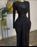 European and american cross-border women's fashion:  early spring new arrival - solid color long sleeve crew neck bandeau bodycon elegant maxi dress