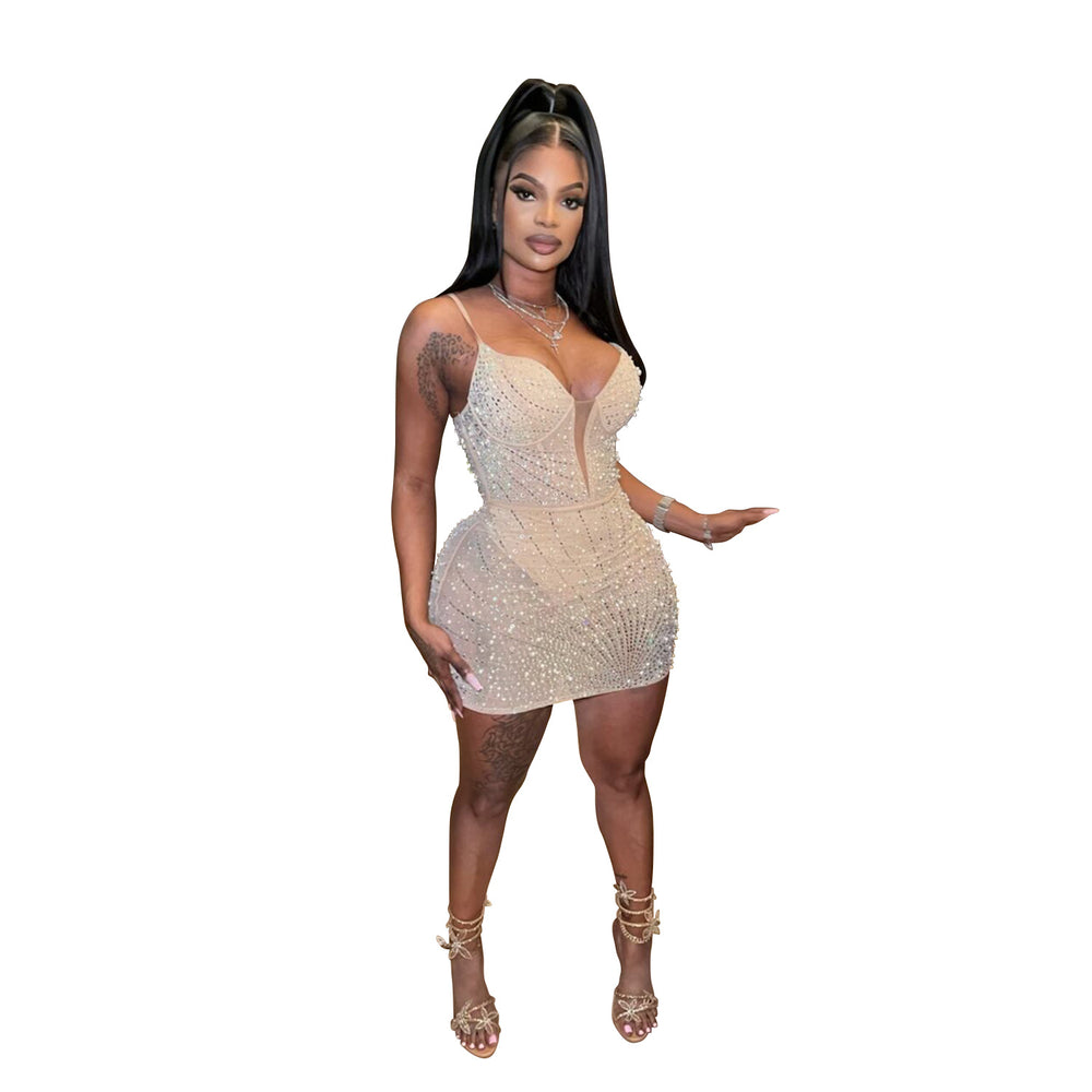 C6602   fashion women's solid color rhinestone mesh sleeveless cami mini dress