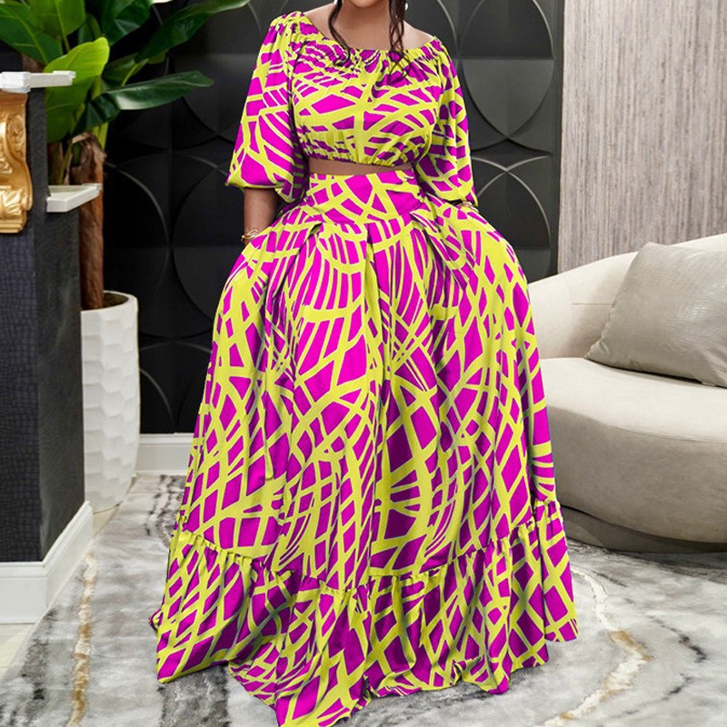 2025 spring amazon plus size women's elegant printed midi skirt fashion set