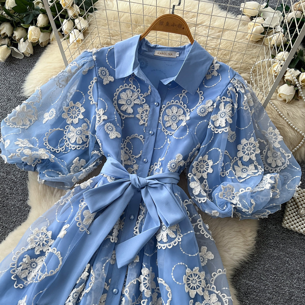 French chic embroidered mesh dress - women's summer dress, high-end bubble sleeve, slimming a-line with cinched waist