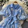 French chic embroidered mesh dress - women's summer dress, high-end bubble sleeve, slimming a-line with cinched waist