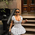 European and american cross-border women's fashion  autumn new arrival short-sleeve u-neck polka dot print cutout ruched sexy dress