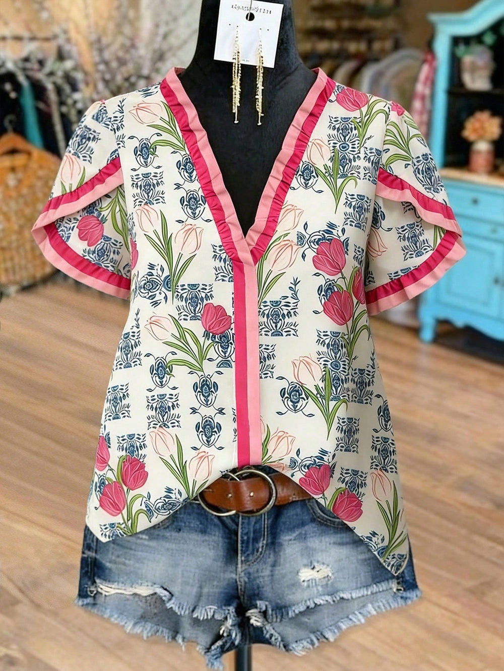 fashion  summer new arrivalcontrast color fungus v neckfloralsprintingtopscasual short sleeve shirt