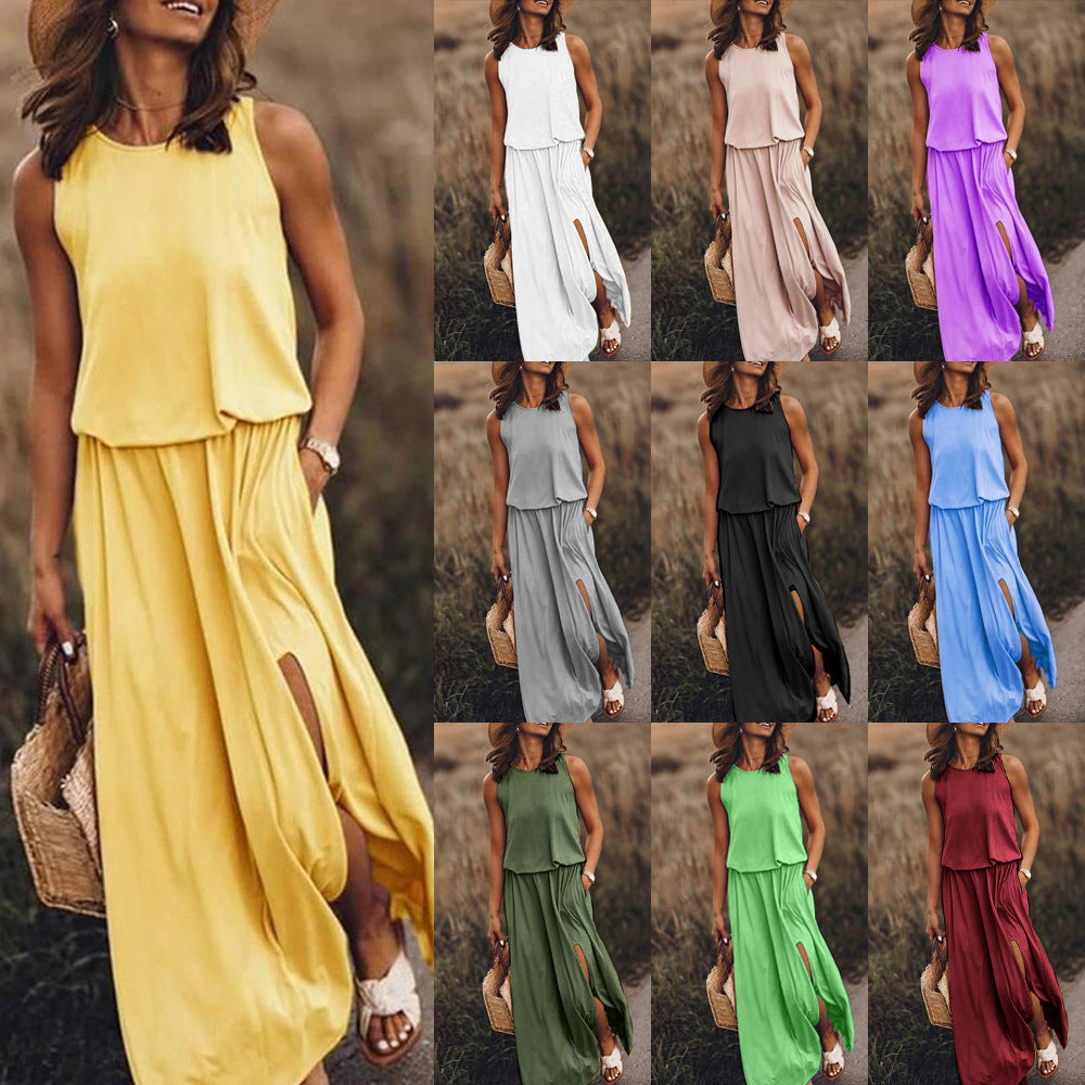 summer new arrivals: cross-border  fashion - european & american style women's sleeveless crew neck dress with slit, available in multiple solid colors