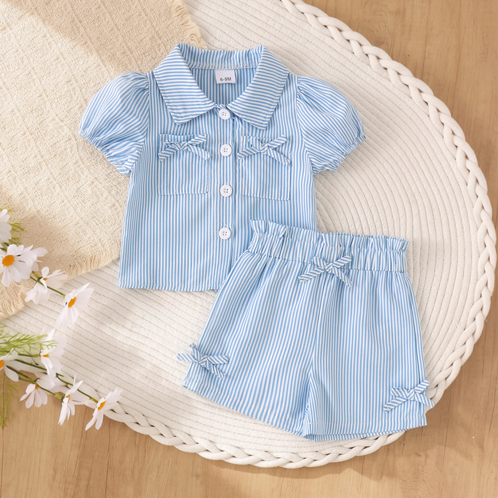 Children's clothing shein cross-border girlsuit blue stripesshirt+shorts