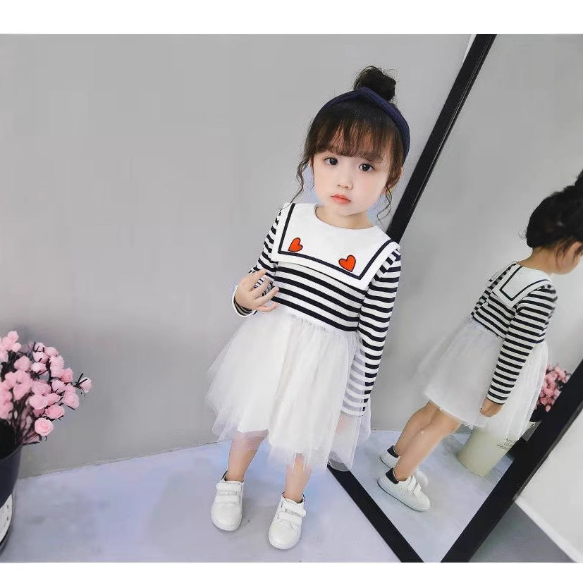 Girls' spring and autumn dress - new children's fashion dress for little girls - kids' baby princess dress - striped tulle skirt