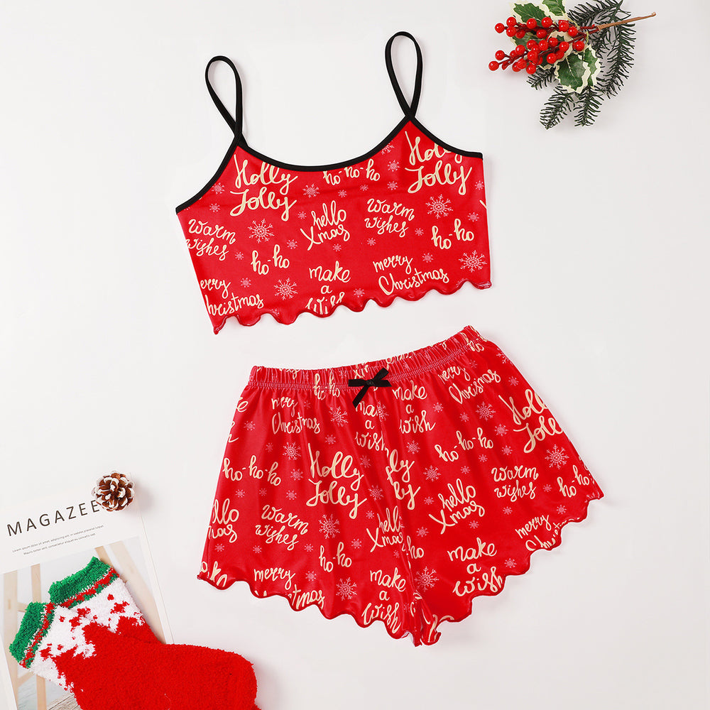 hot-selling christmas european and american style thin pajamas simple printed suspender milk silk shorts sexy two-piece set