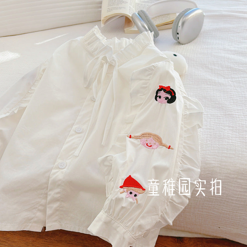 spring/autumn new arrival: pure cotton girls' blouse - baby girl doll shirt with embroidered cartoon design - sweet and trendy for little girls