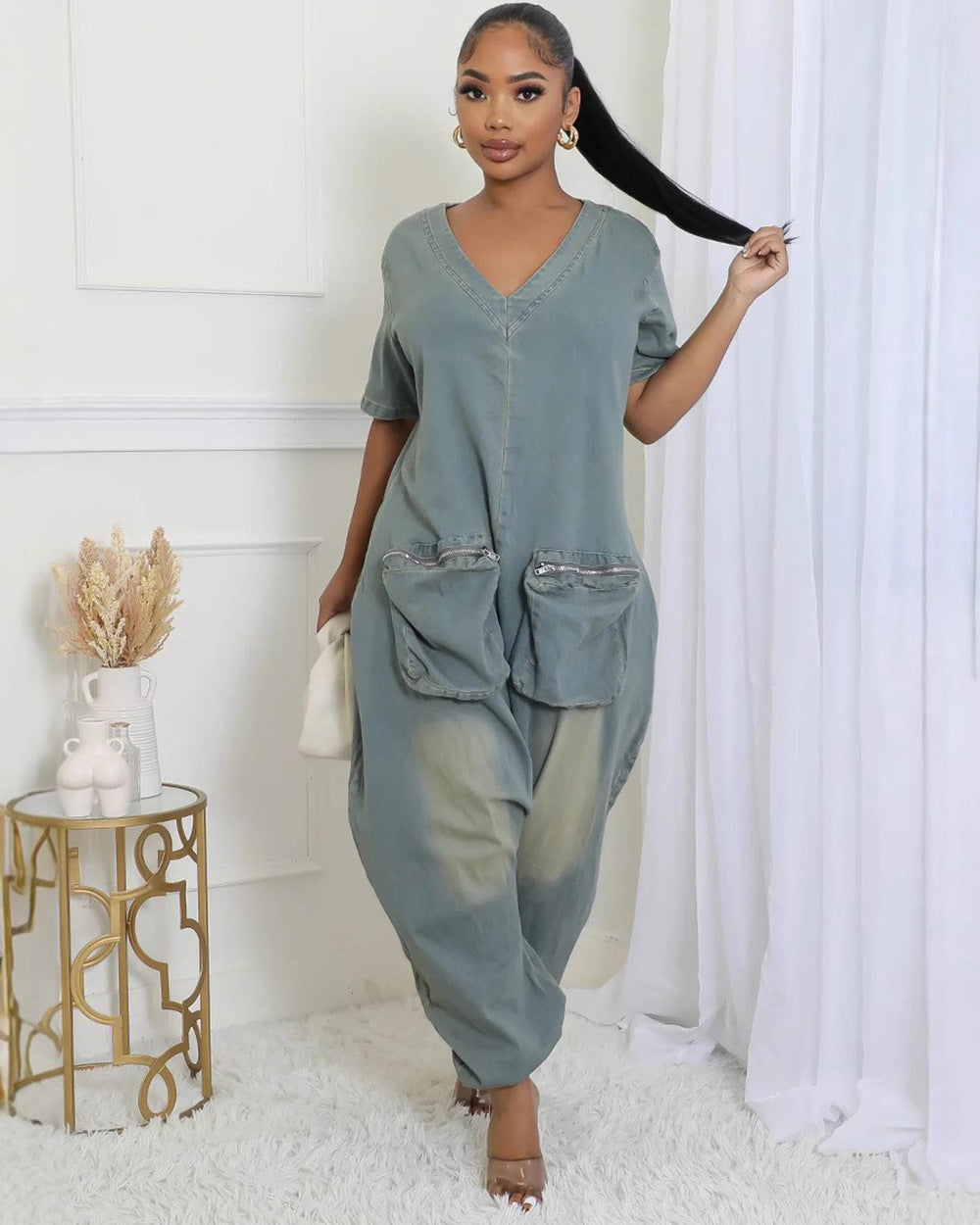 European and american style loose-fit jumpsuit -  cross-border women's fashion - unique, oversized pocket, washed denim romper