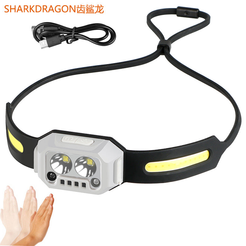 Cross-border new silicone waving sensor headlight USB charging outdoor cycling fishing headlight three light source LED headlight