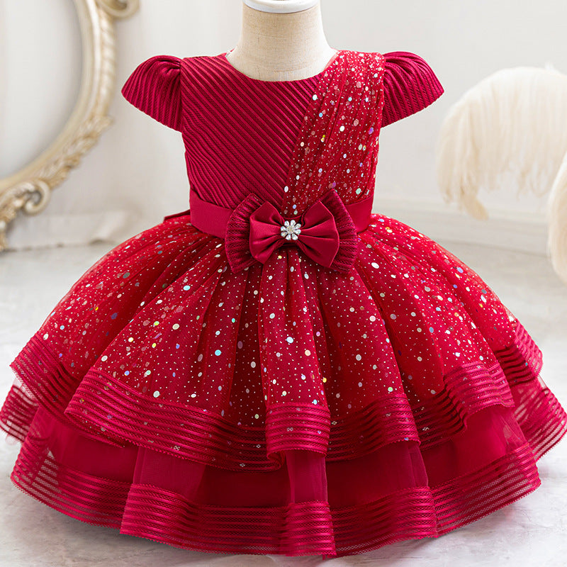 Ready-to-ship wholesale sequin bow princess dresses for girls, perfect for baby's first birthday or special occasions