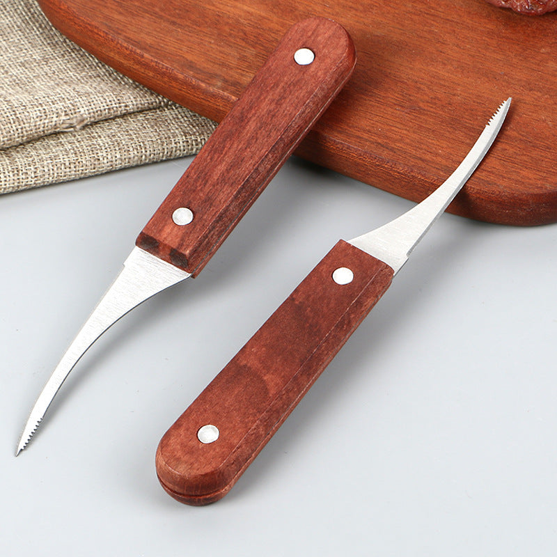 Stainless steel shrimp knife with wooden handle - shrimp deveiner, shell remover, and vein picker - multi-purpose kitchen tool