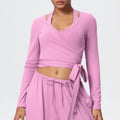 European and american fashionable brushed yoga top - one-piece tie-up long sleeve activewear for outdoor high-end fitness