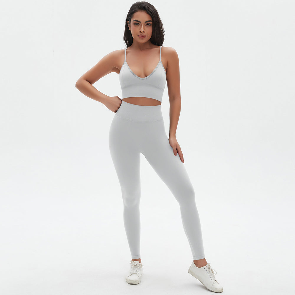 New arrival cross-border seamless pure color tight sexy sling beautiful back yoga suit sports running fitness two-piece set