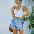 Export denim shorts for women elegantwork clothing raw edge shorts washed high waistfashion elastic beard jeans
