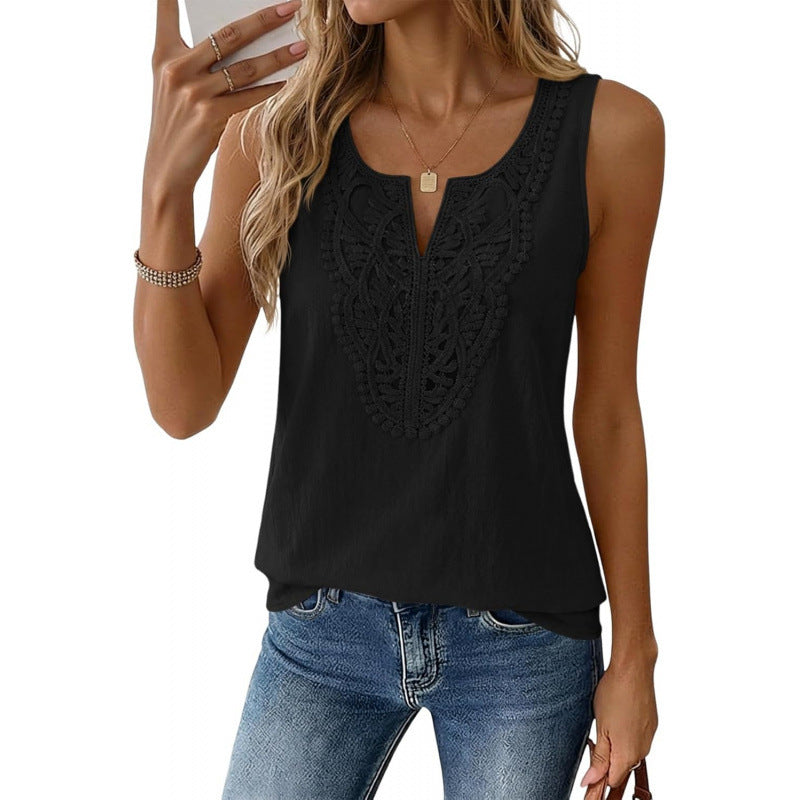 Amazon sleeveless v-neck linen shirt -  summer new arrival - lace bohemian style vacation tank top