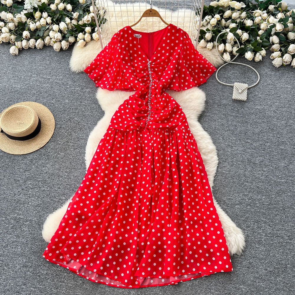 French-style embellished v-neck flared sleeve bodycon dress - women's 2025 summer slimming chic polka dot chiffon maxi dress