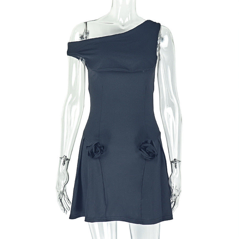 Fashion style insexport women's clothingelegant simple waist a-line skirt pure color one-shoulder slanted collar pleated shortdress