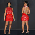 C6891 cross-border   fashion women's sexy rhinestone cutout tank top and mini skirt two-piece set