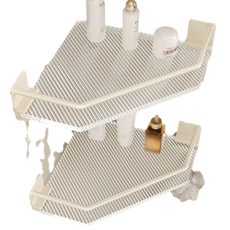 Bathroom shelf, toilet corner organizer, no-drill washroom storage, acrylic off-white tripod shelf