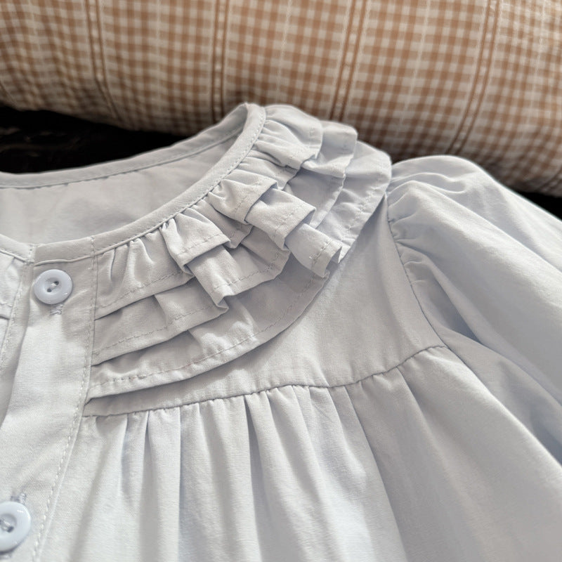 Spring new girls' long-sleeve lace collar shirt - trendy baby girl blouse, stylish kids' top, casual children's clothing