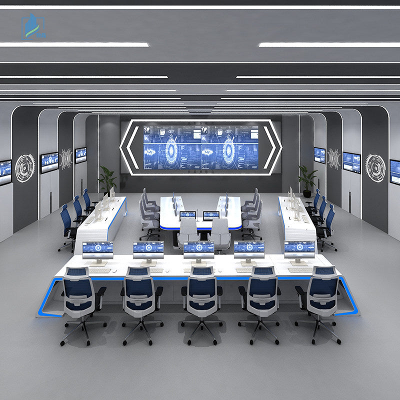 Saint li technology-style surveillance console, command center dispatch console, monitoring center operation console, curved workstation