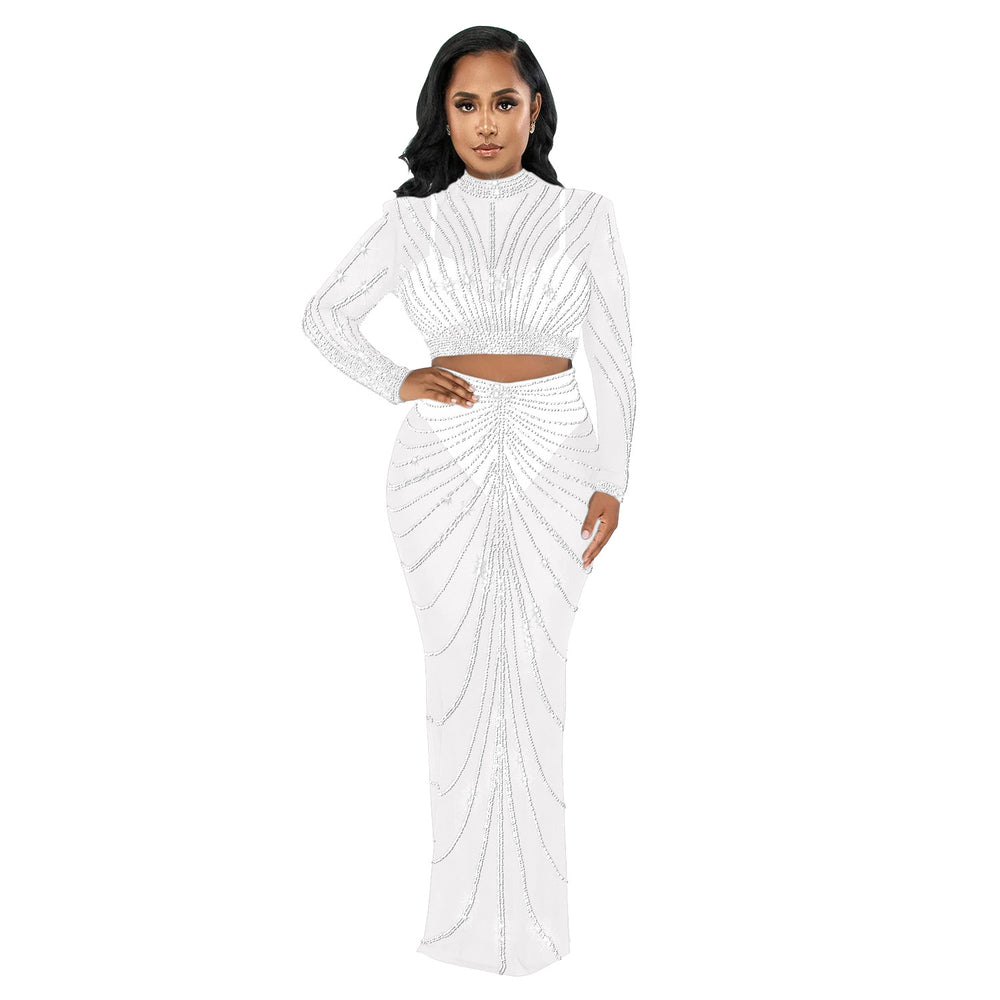 C6028 cross-border   fashion women's mesh rhinestone see-through long sleeve maxi dress two-piece set