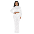 C6028 cross-border   fashion women's mesh rhinestone see-through long sleeve maxi dress two-piece set