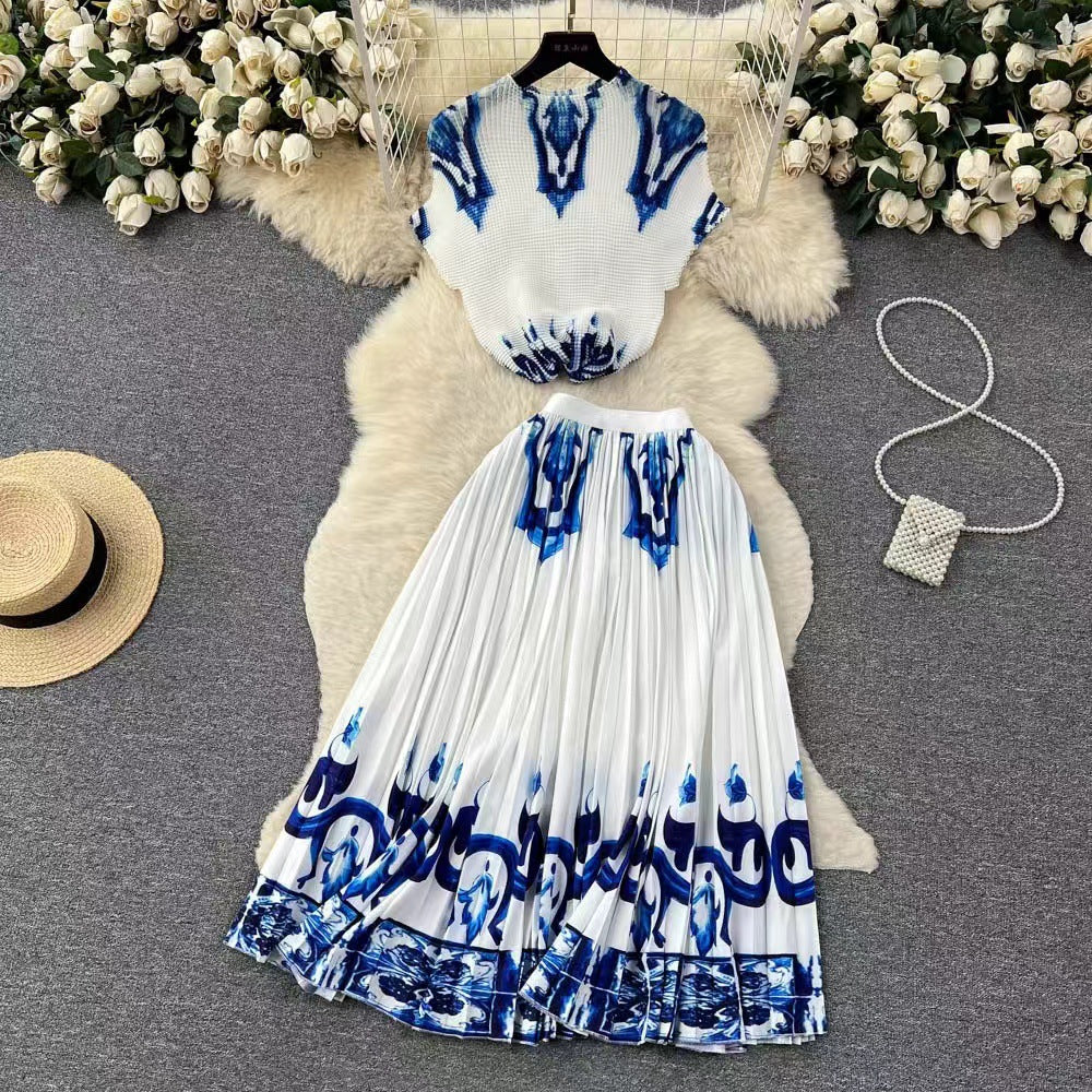 European and american cross-border fashion women's clothing  autumn new french-style design printed top and pleated skirt set with cinched waist