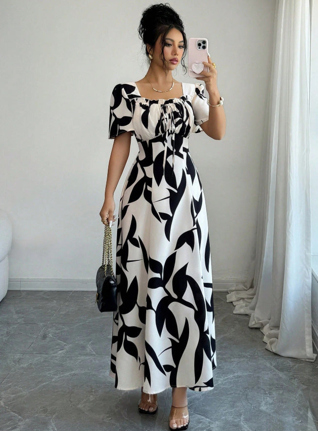 european and american new style black and white large leaf print square neck midi dress with drawstring waist and short sleeves