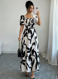 european and american new style black and white large leaf print square neck midi dress with drawstring waist and short sleeves