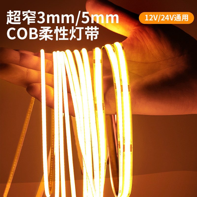 Cob led strip light, ultra-narrow 3mm, extra-thin 5mm, 12v high-brightness, 24v linear lighting, display cabinet aluminum channel, cabinet light strip