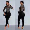 C6912 cross-border   fashion women's solid color mesh rhinestone long sleeve pants jumpsuit