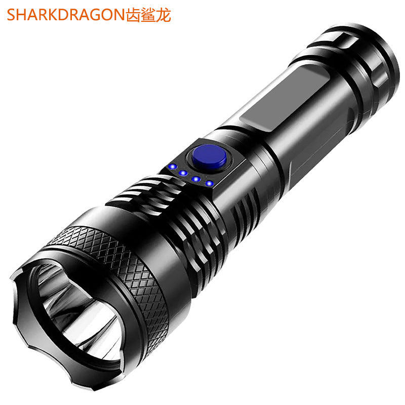 Cross-border plastic flashlight USB charging outdoor zoom remote radiation power display lightweight home LED flashlight