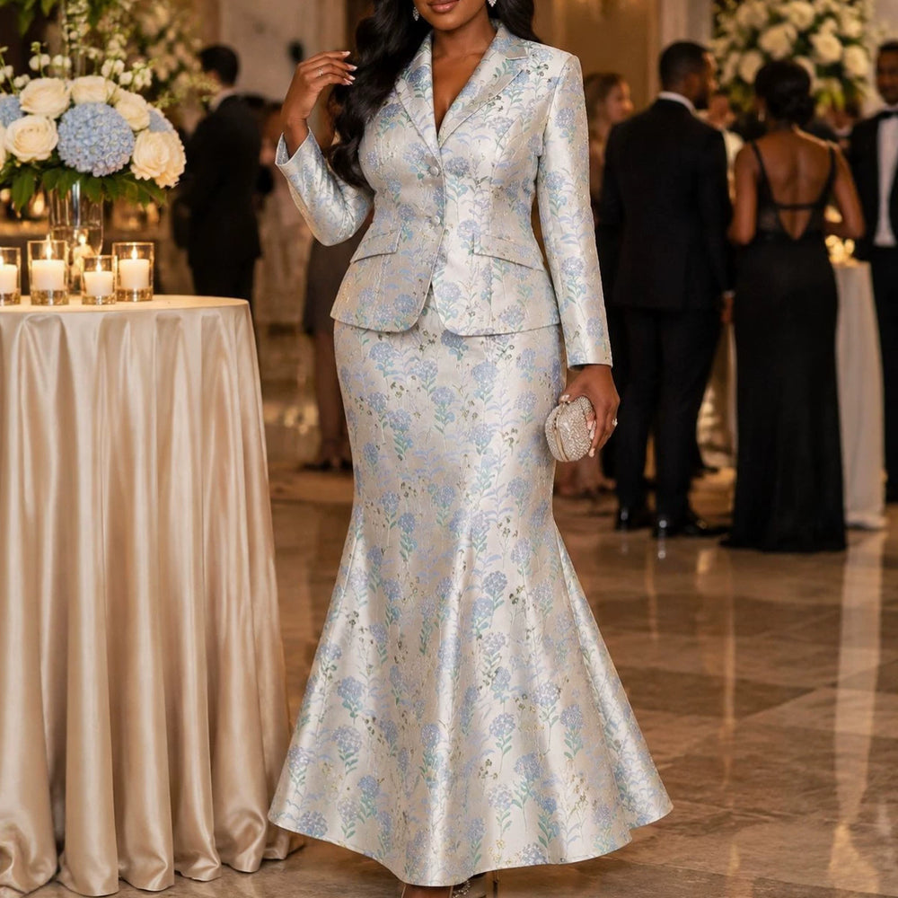 Party light luxury jacquard skirt suit lapel silm suitoutwear mermaid hip skirt banquet dress two-piece set