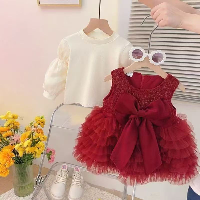 【dropshipping】girls' winter fleece-lined two-piece set,  new stylish children's first birthday baby dress, red
