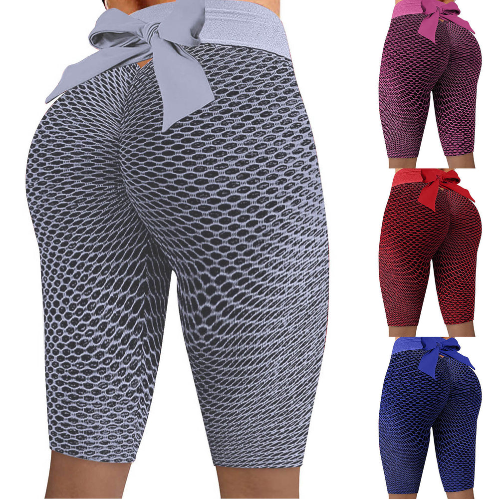 2025 amazon women's bowknot honeycomb jacquard solid color yoga pants, activewear, capri leggings - in stock, cropped length