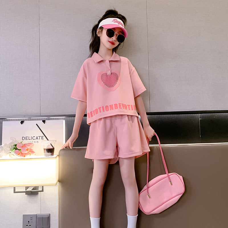 Girls' color block short-sleeve set -  summer new arrival: stylish and chic kids' polo shirt and shorts two-piece outfit