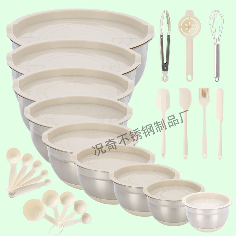 american colorful silicone bottom salad bowl with lid cooking baking salad bowl set stainless steel egg bowl