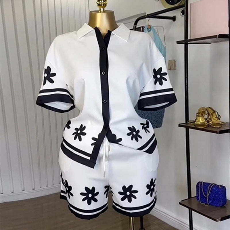 European and american cross-border women's fashion:  summer new collection - stylish lapel color block print shirt & wide leg shorts casual set