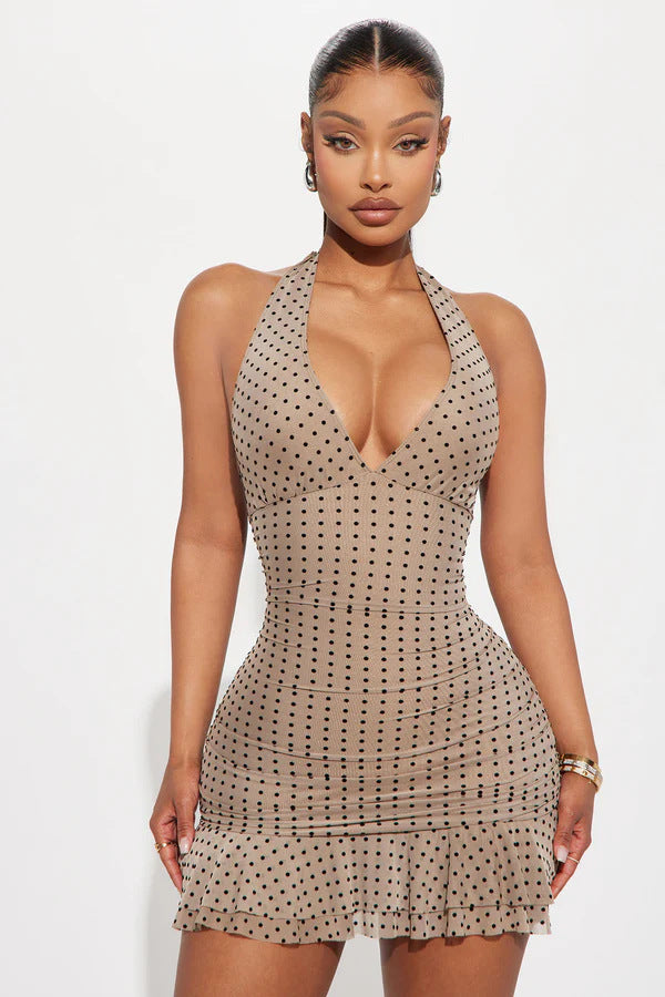 European and american new women's fashion sleeveless mini bodycon backless polka dot halter sexy dress