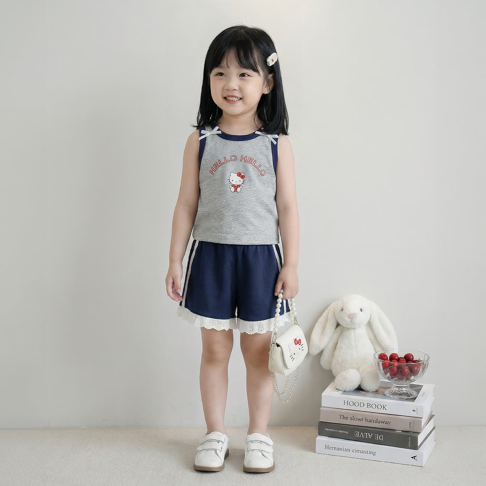 Girls' summer outfit: new 3d bowknot cartoon print tank top and lace shorts set - wholesale & dropshipping available